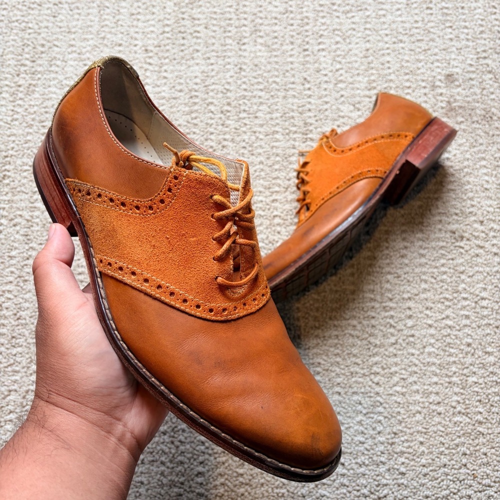 Cole Haan Nike Air Mens 9 Tan Leather Orange Suede‎ Saddle Shoes Brogue C09918